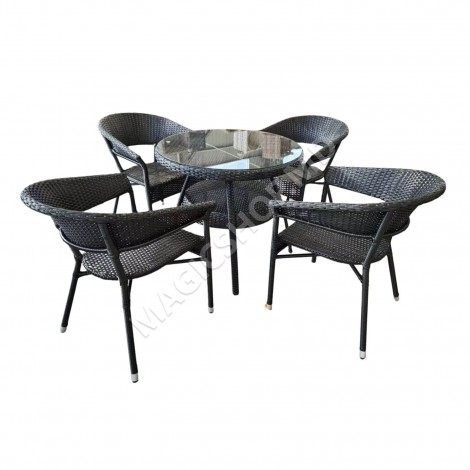 Set masa rotunda cu 4 scaune + umbrela, metal / textilen, Negru