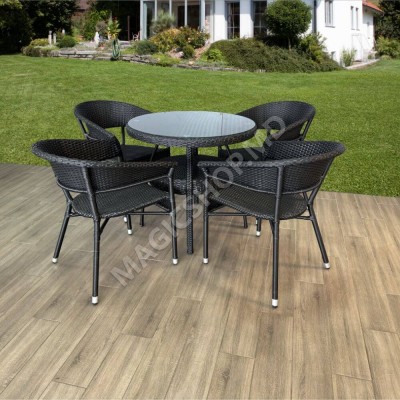 Set masa rotunda cu 4 scaune + umbrela, metal / textilen, Negru