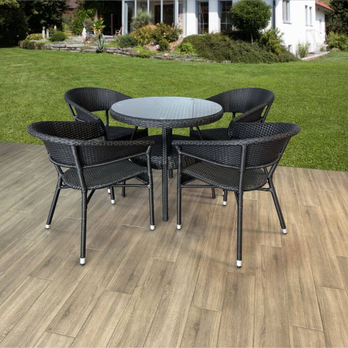 Set masa rotunda cu 4 scaune + umbrela, metal / textilen, Negru