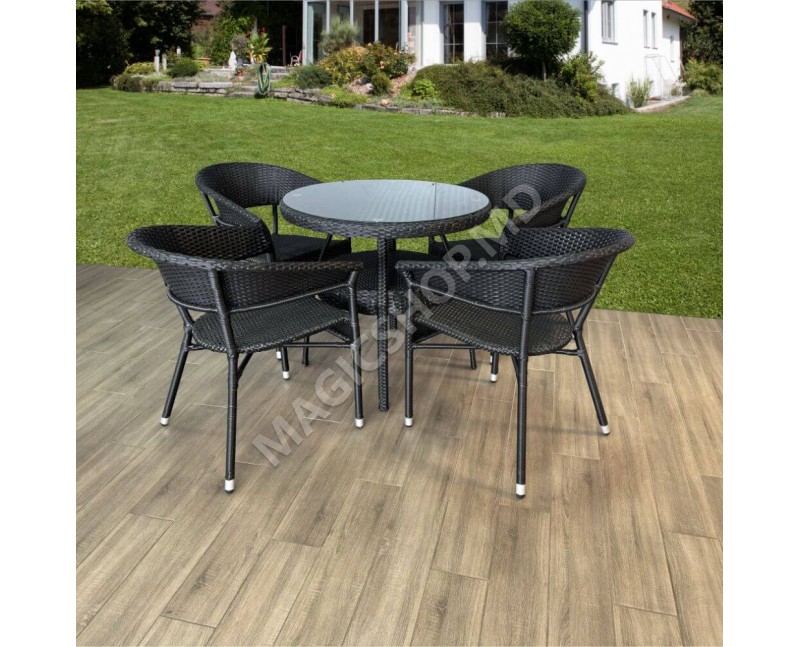 Set masa rotunda cu 4 scaune + umbrela, metal / textilen, Negru