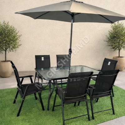 Прямоугольный стол с 6 стульями + зонт, металл/текстиль, серый
