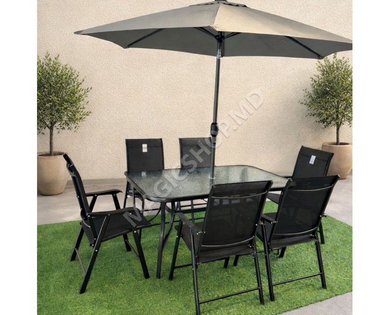 Прямоугольный стол с 6 стульями + зонт, металл/текстиль, серый