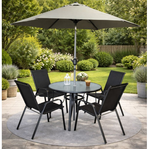Set masa rotunda cu 4 scaune + umbrela, metal / textilen, Negru