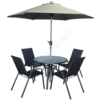 Set masa rotunda cu 4 scaune + umbrela, metal / textilen, Negru