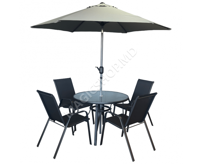 Set masa rotunda cu 4 scaune + umbrela, metal / textilen, Negru
