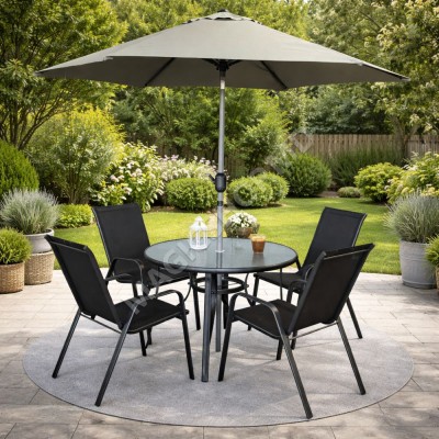 Круглый стол с 4 стульями + зонт, металл/текстиль, черный