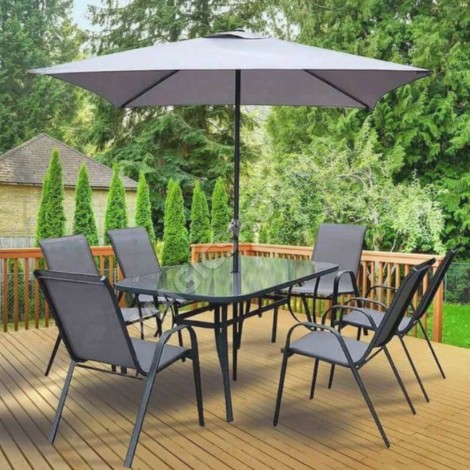 Прямоугольный стол с 6 стульями + зонт, металл/текстиль, серый