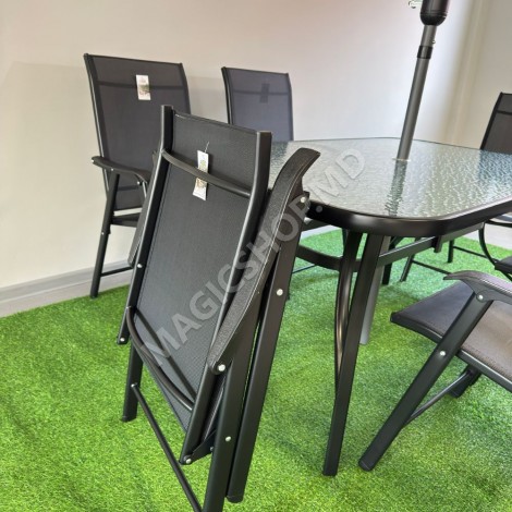 Прямоугольный стол с 6 стульями + зонт, металл/текстиль, серый