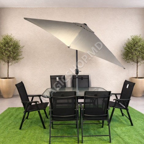 Прямоугольный стол с 6 стульями + зонт, металл/текстиль, серый