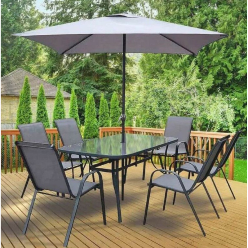 Set masă dreptunghiulară cu 6 scaune + umbrelă, metal / textilen, Gri