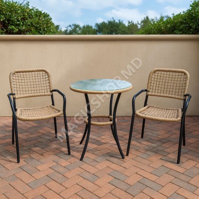Set Polirattan, masă și 2 scaune, metal cu blat de sticlă, Bej