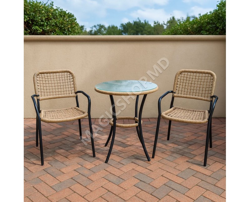 Set Polirattan, masă și 2 scaune, metal cu blat de sticlă, Bej