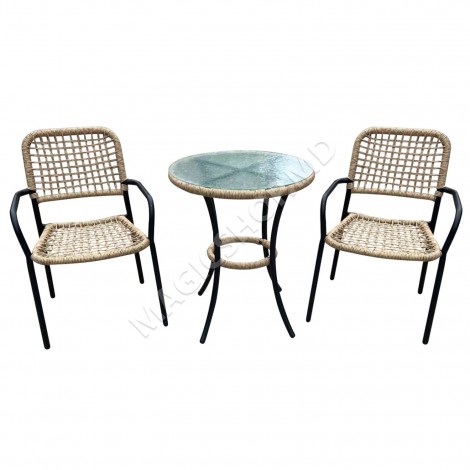 Set Polirattan, masă și 2 scaune, metal cu blat de sticlă, Bej