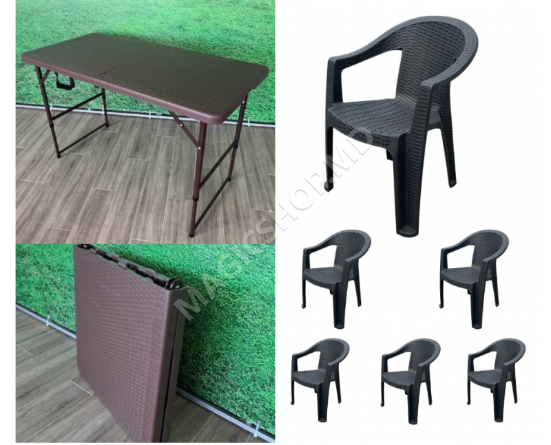 Садовый/кемпинговый комплект RATTAN 120x60 см с 6 стульями, коричневый