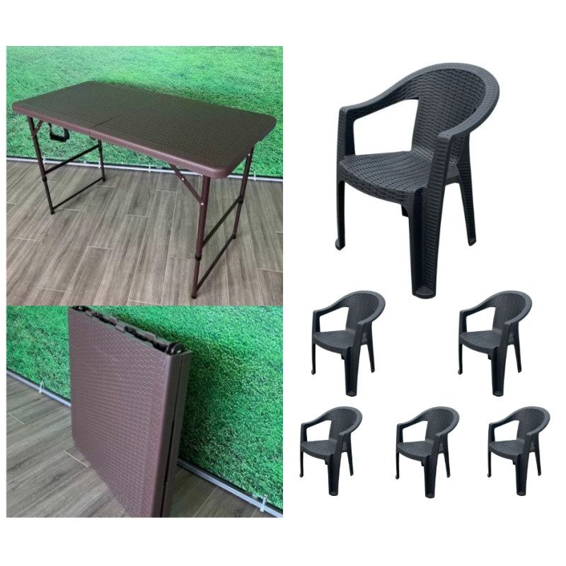 Set gradina / camping RATTAN 120x60 cm cu 6 scaune, maro