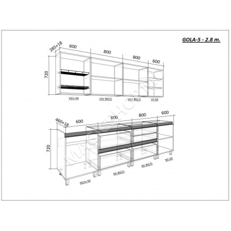 Bucătărie modulară „Gola-5″(SUS) 2.8m cu fațadă MDF luciu (High Gloss)