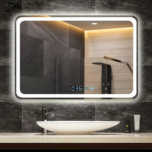 Oglinda LED cu ceas și încălzire 72x50 cm