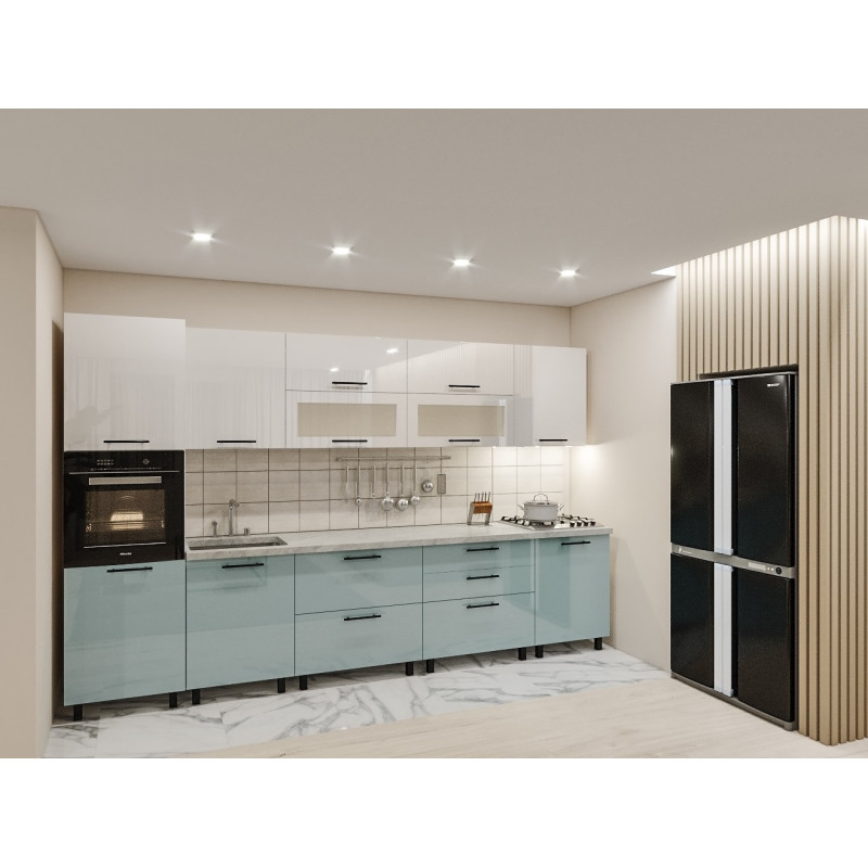 Bucatarie „Rondo” 3,4m cu fatade din panouri MDF lucioase