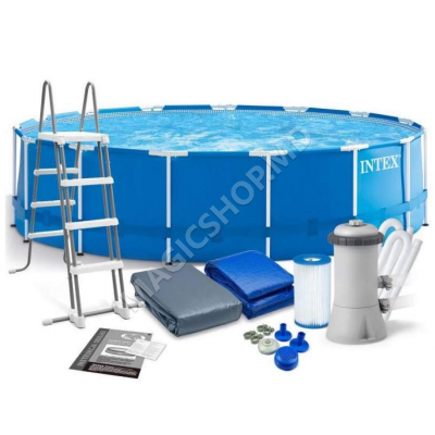 Piscină Intex Metal Frame 457x122cm, 16805l, pompă de filtrare 3785l/h, scară, copertină, covoraș