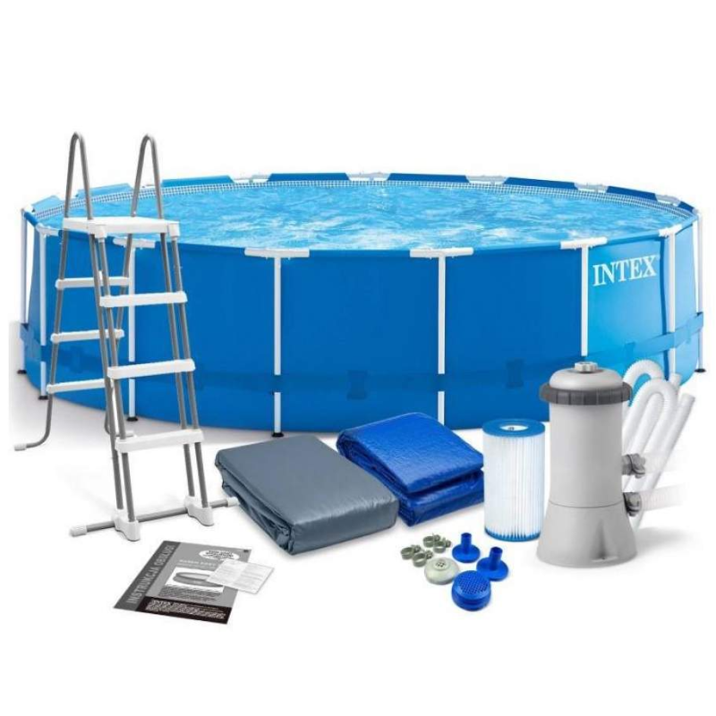 Piscină Intex Metal Frame 457x122cm, 16805l, pompă de filtrare 3785l/h, scară, copertină, covoraș
