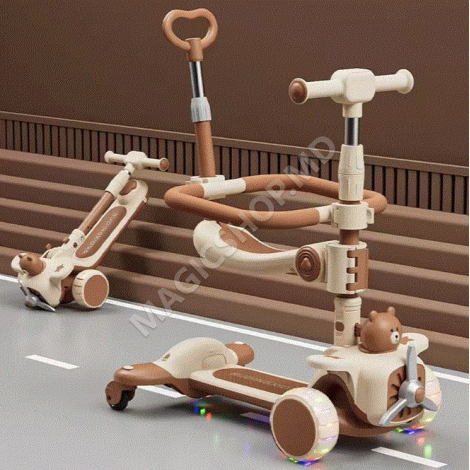 Trotineta pentru copii cu scaunel, Transformabila 6 in 1, cu Roti Luminoase LED, Ghidon cu Inclinare