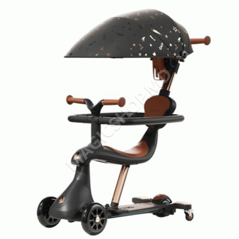 Trotineta cu scaunel transformabila, cu Roti Luminoase LED, Ghidon cu Inclinare, cu acoperis