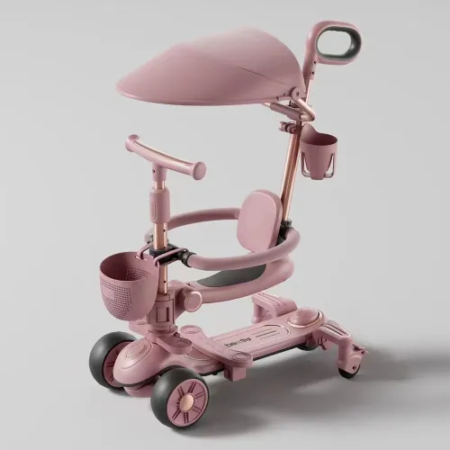 Trotinetă pentru copii cu scaun, parasolar și mâner parental, transformabilă, roți luminoase, muzică și lumini, alb, RTM Scooter
