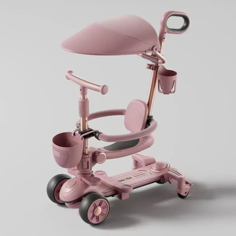 Trotinetă pentru copii cu scaun, parasolar și mâner parental, transformabilă, roți luminoase, muzică și lumini, alb, RTM Scooter