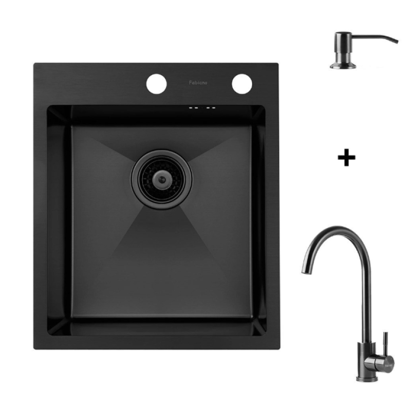 Chiuvetă Nano PVD 43 x 50 cm + baterie + dozator Black