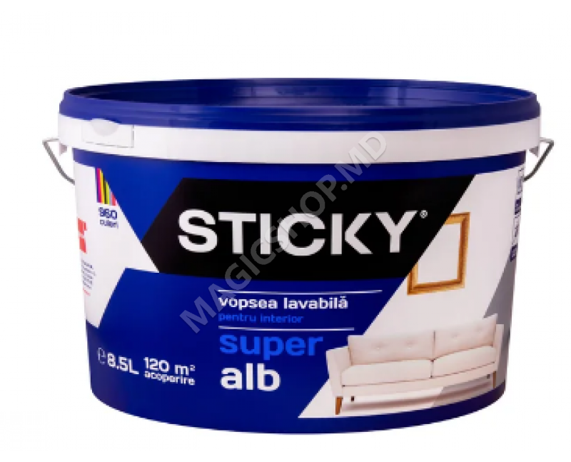 Vopsea, lavabila, interior, alba, 8.5 L, STICKY