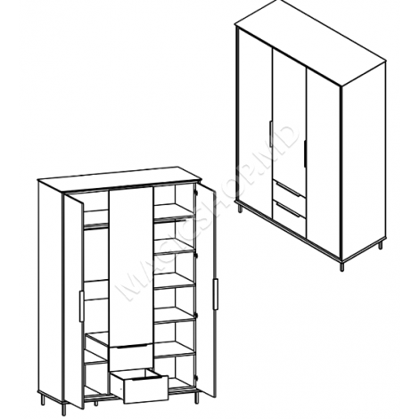 Dulap Hills SZF3D2S 146x60x220 cm Cașmir / Gerbor Negru