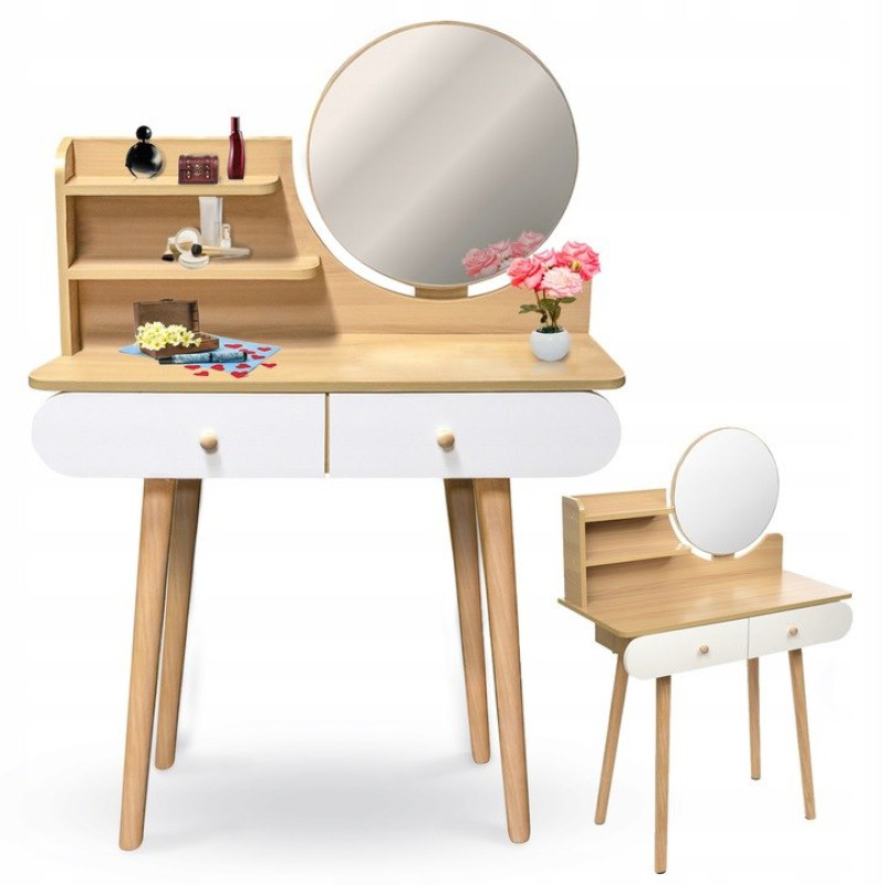 Masa de toaleta Scandi cu oglindă rotundă Alb/Oak Artisan