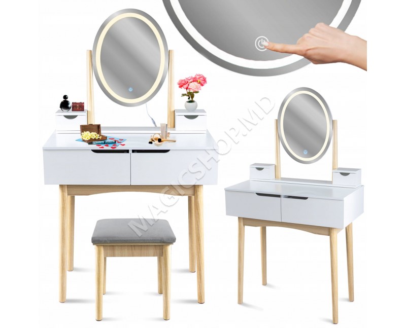 Туалетный столик JUMI со стулом и овальным зеркалом со светодиодной подсветкой
