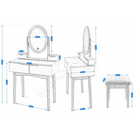 Туалетный столик JUMI со стулом и овальным зеркалом со светодиодной подсветкой