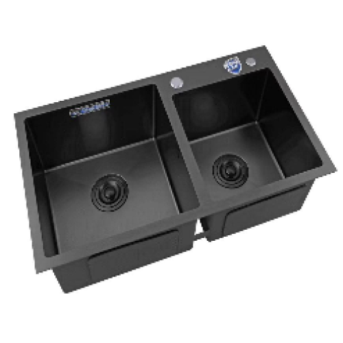 Chiuvetă Backer PVD Duo 750-41047 Nano Black / Titan Grey + Coș, Dozator de săpun, sifon