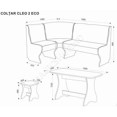 Bancă de colţ Ambianta Cleo-2 + 2 tabureti + masa