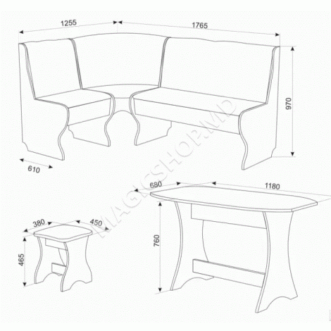 Bancă de colţ Ambianta Cleo-2 + 2 tabureti + masa